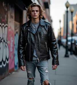 แจ็กเก็ตหนังวัวแท้สำหรับผู้ชายหนังแท้มีซิปด้านหน้าเป็นโลโก้หนังแท้สำหรับฤดูหนาว - Product Image 4