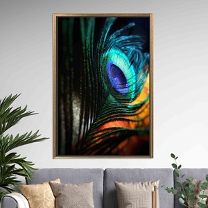Toile imprimée de plumes de paon modernes : Art mural abstrait élégant, TOILE ENCARTÉCHÉE DANS UN CADRE DORÉ - Product Image 1