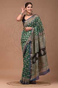 Sari en soie Maheshwari pure imprimé à la main avec pièce de blouse – Élégant soie Maheshwari pure – Vêtement ethnique imprimé à la main - Product Image 2