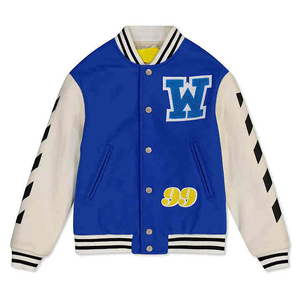 Chaqueta Universitaria Azul y Blanca para Hombre, Parche con Letra W, Puños y Dobladillo con Botón, Chaqueta de Béisbol Delantera de Cuero Genuino Impermeable - Product Image 1