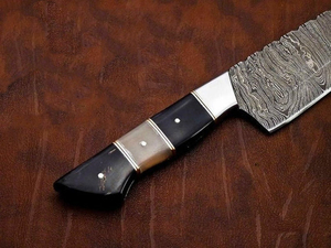 Handmade Damascus Steel Modern Ambidextrous Kitchen Chef Knife Set High Quality <b>Vegetal</b> Cutting Leather Sheath <b>Brushed</b> Finish - Product Image 4