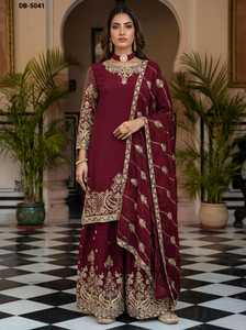 Trajes Sharara Bordados Estilo Indio y Pakistaní, Traje Salwar Kameez de Seda Chinon con Bordado, Lentejuelas y Trabajo Zari - Product Image 2