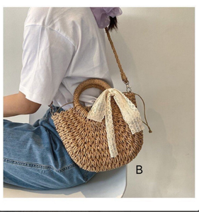 Panier de sac en paille avec poche intérieure à cordon de serrage, sac tissé avec dentelle, sac tressé, - Product Image 1