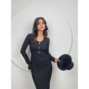 Vestido Maxi de Punto con Cuello en V para Mujer, Marca missJANELL, Color Piedra, Elegante, Manga Larga, Poliéster, Estilo Casual, Tallas S, M, L, XL - Product Image 5