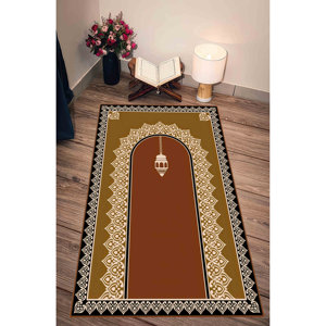 Tapis de prière islamique orange : Tapis de culte musulman antidérapant, tapis imprimé, tapis à poils doux - Product Image 2