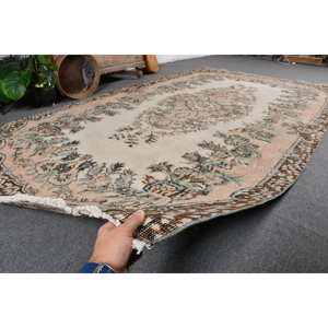 Vintage Turkish Rug Classic Beige <b>Brown</b> 5.6 X 9.4 ft Large Area Patchwork <b>Wool</b> with Latex Backing for Hallway or Bedroom - Product Image 5