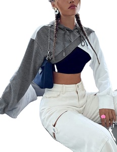 Sweat à capuche à manches longues pour femmes Color Block Cross Body Sweat à capuche Cropped Hoodie - Product Image 3