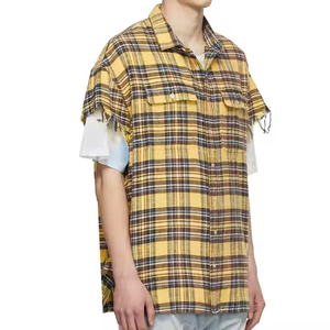 Chemises en flanelle de style décontracté pour hommes, motif à carreaux jaunes imprimé, manches longues, coton brossé, manchette brute, fil teint à carreaux - Product Image 2