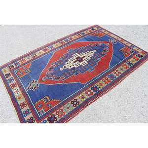 Alfombra Turca de 4.5x7.1 pies, Alfombra Vintage, Alfombra Sólida Azul y Roja - Product Image 2