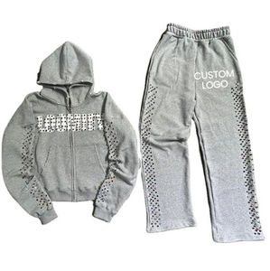 Ensembles de streetwear unisexe à logo personnalisé Costume de survêtement à capuche de couleur unie à la mode Survêtement de jogging Costume de sport Ensembles de jogging 100% coton - Product Image 3