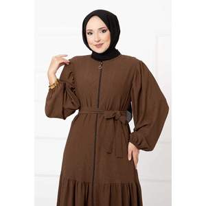 Brown Balloon Sleeve Zippered <b>Abaya</b> Modest Muslimah Daily Wear Vintage Fashion Empire Waistline Solid Embroidery Floor-Length - Product Image 5