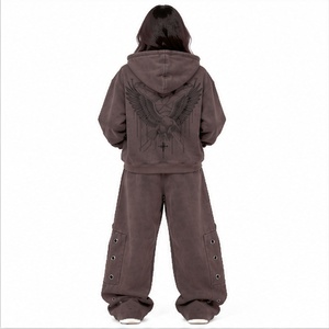Conjunto de Sudadera con Capucha Negra Lavada y Pantalones Cargo de Pierna Ancha para Mujer, con Gráfico de Águila, Cierre con Cordón Frontal, 100% Algodón, Estilo Urbano - Product Image 2
