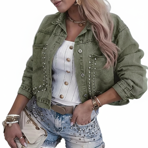 Veste en jean d'été Y2K pour femme, coupe classique |   Décorations à rivets à manches longues |   Vêtements d'extérieur décontractés imperméables respirants à séchage rapide - Product Image 1