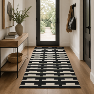 Tapis Kilim Géométrique Moderne Fait Main Noir et Blanc Rectangulaire en Laine Tissée Plate Écologique Antidérapant pour Camping, Pique-nique et Prière - Product Image 2