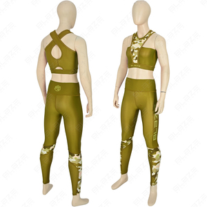 Ensembles de fitness et de gym personnalisés pour femmes, leggings taille haute et soutien-gorge de sport court en coton, tenues de yoga au-dessus du genou - Product Image 1