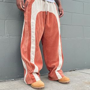 Pantalons en velours côtelé pour hommes, style streetwear urbain, patchwork arqué, pantalon large à jambes larges, rayures contrastées, bas décontractés amples - Product Image 4