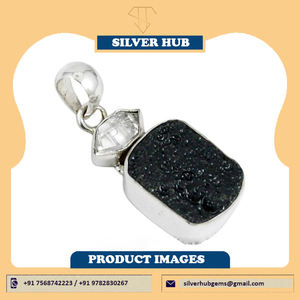 Pendentif en argent sterling 925 fait à la main avec technique de réglage de lunette en argent noir Tektite blanc Herkimer - Product Image 6