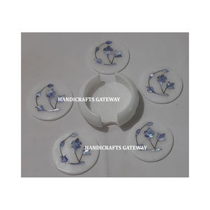 Most Attractive Good Looking <b>White</b> Marble Inlay Mother Of Pearl Coaster Set <b>Round</b> Shape Flower Design For Corporate Gifting - Product Image 3