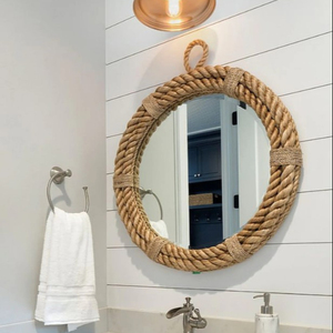 Miroir en corde ronde côtière nautique | Grand miroir mural décoratif pour la maison - Product Image 1
