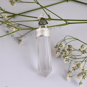 Natural Gemstone Moldavite & <b>Crystal</b> Yellow Gold 925 Sterling Silver <b>Pendant</b> Handmade Jewelry Gift for Her Wholesale Jewelry - Product Image 4