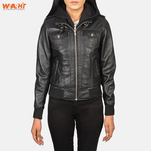 Blouson d'aviateur en cuir noir véritable pour femmes Vêtements d'extérieur d'hiver décontractés, élégants et chauds, col montant, fermeture à glissière, capuche amovible - Product Image 1