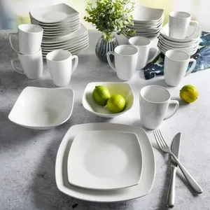 16-Piece Buffet White Porcelain Ceramic Square Plates and Cups 6-Person Dinnerware Set Plates For Restaurant