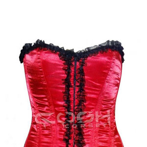 Corset sur mesure en satin rouge avec baleines en acier et volants noirs - Product Image 3