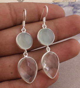 925 <b>Sterling</b> <b>Silver</b> Natural Aqua Calci and Crystal Faceted Long Hoops <b>Earrings</b> For <b>Women</b> At Factory Price - Product Image 2