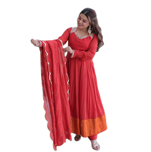 Conjunto de Vestido Anarkali/Salwar Kameez 2026, Diseño Elegante y Sencillo con Cuello de Color Intenso, para Mujeres o Niñas, Edición Especial - Product Image 1