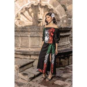 Vestido Maxi Negro con Hombros Descubiertos para Mujer, Bordado Floral Multicolor, Abertura Lateral, Cintura Natural, Lavable, 100% Algodón, Estilo Étnico Boho - Product Image 3