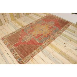 Tapis vintage, tapis turc 4,3x8,9 pieds, tapis en laine rouge à motifs floraux - Product Image 1