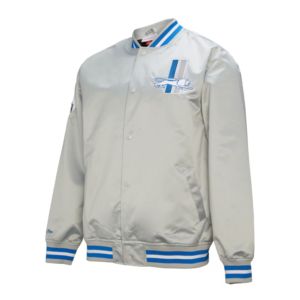 Veste de baseball universitaire pour homme, modèle Letterman personnalisé, couleur gris Mitchell, Detroit Lions, en satin double face, entièrement boutonnée. - Product Image 3