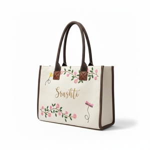 Twin Petal <b>Large</b> Tote <b>Bag</b> Open Zipper Closure <b>Canvas</b> Cotton Solid Color Embroidery <b>Large</b> Capacity Market Shopping Tote <b>Bag</b> - Product Image 4
