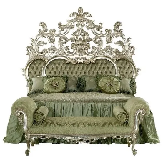 Letto matrimoniale di lusso con tessuto verde oliva imbottito in legno massello di mogano verniciato argento con pouf-mobili in legno antico fatti a mano