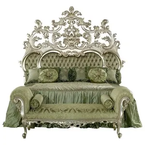 Zeytin yeşil kumaş ile lüks kral yatak osmanlı ile yastıklı gümüş boyalı katı maun ahşap-antika ahşap mobilya el yapımı