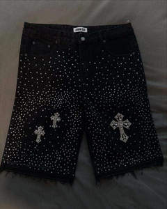 Shorts en jean 100 % coton délavé foncé, style streetwear estival, coupe ample et déchirée pour homme, style urbain, écologique et séchage rapide - Product Image 3