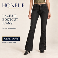 Jean coupe bootcut taille mi-haute pour femme, noir délavé, longueur intégrale, avec œillets, OEM ODM, coupe personnalisée, lavage, marque privée, vente en gros
