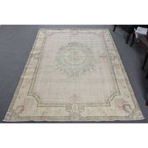 Alfombra Clásica Beige Verde de 6.4 x 9.6 pies, Ecológica, Tradicional, de Lana, Diseño Turco Aubusson, Patchwork, Látex, para Comedor - Product Image 1