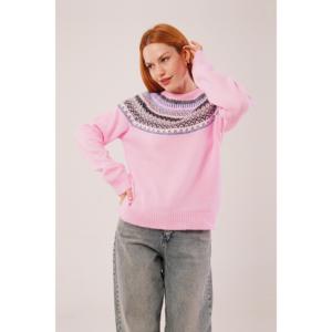 Suéter de Punto Rosa al por Mayor con Cuello Redondo y Estampado Étnico, Estilo Casual - Product Image 5