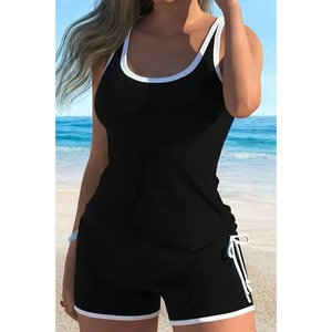 Conjunto de Dos Piezas para Mujer, Blusa de Escote Redondo con Tirantes y Detalle Cruzado en la Espalda y Pantalones Cortos, 36075 - Negro - Product Image 2