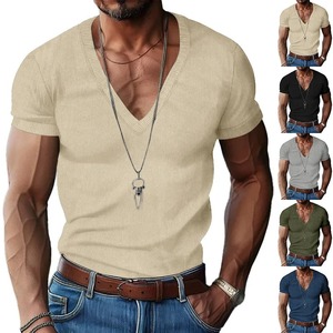 Camiseta de Verano para Hombre, Estilo Europeo y Americano, Cuello en V, Color Sólido, Corte Ajustado, Informal, de Alta Calidad - Product Image 1