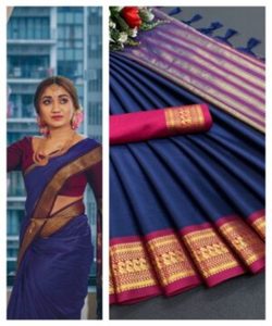 Sari de Seda Kanchipuram de Moda con Trabajo de Diamantes y Diseño Estampado, Sari de Seda Moderno con Detalles de Volantes y Borde de Zari - Product Image 5