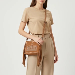 Bolso Bandolera Bohemio de Cuero Genuino con Flecos, Bolso de Hombro Occidental Bordado Vintage Hecho a Mano para Mujer, Correa Ajustable con Resorte - Product Image 2