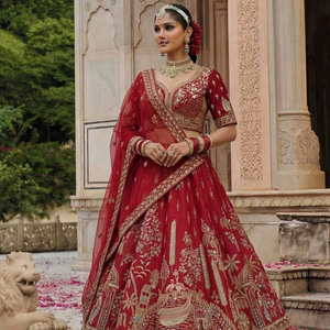 Lehenga Choli de Novia de Talla Grande, Estilo Moderno, Línea A, Hasta el Suelo, con Bordado de Zari y Diamantes, Lentejuelas y Diseño de Pavo Real, en Seda Gadhwal - Product Image 1