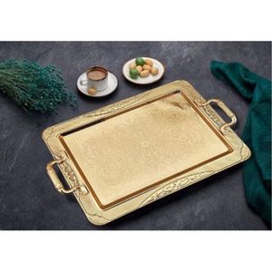 Plateau de service en laiton doré vintage de luxe |   Plateau de service décoratif en métal antique avec poignées |   Plateau à Boissons Rectangulaire Élégant - Product Image 3