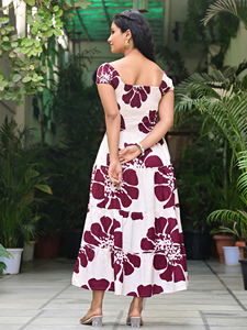 Robe mi-mollet décontractée ethnique en coton 100% tissé écologique à imprimé géométrique blanc et marron pour femmes - Product Image 2