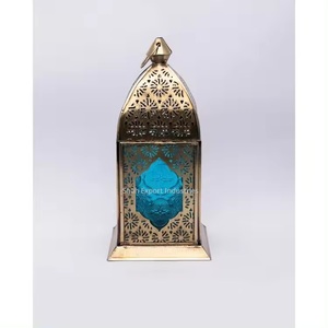 Christmas Decorative Antique Gold Metal Moroccan <b>Candle</b> Lantern with <b>Blue</b> Colored Glass Hanging and Floor Lanterns - Product Image 3