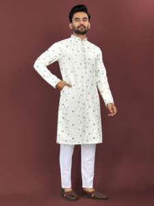 Vêtements de mariage pour la broderie multifonctionnelle de fleurs avec une séquence mate pour hommes Kurta en soie soyeuse avec pyjama - Product Image 6