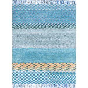 Alfombra Manchaha Lub-20 Azul, Tejida a Mano con Lana y Seda, Diseño Geométrico Abstracto para el Hogar, Rectangular, para Pasillo, Habitación, Estilo Patchwork - Product Image 1