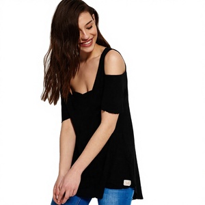 Camiseta de hombros fríos con cuello en V profundo para mujer, camisas de hombros fríos personalizadas de colores personalizados para mujer con material de tela transpirable - Product Image 1